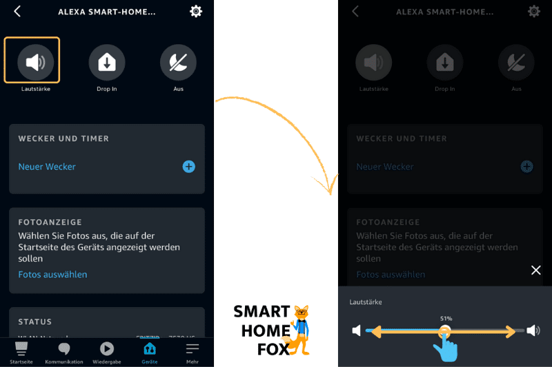 In der Amazon Alexa App wird die Lautstärke per Schieberegler auf 51 % reguliert